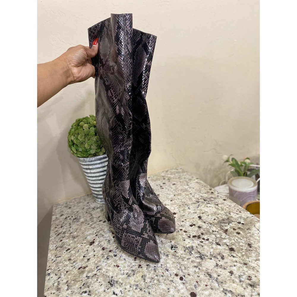 Marc Fisher Meretier Snakeskin Knee High Boots Grey‎ Black Block Heel Mens 9M - Picture 2 of 7